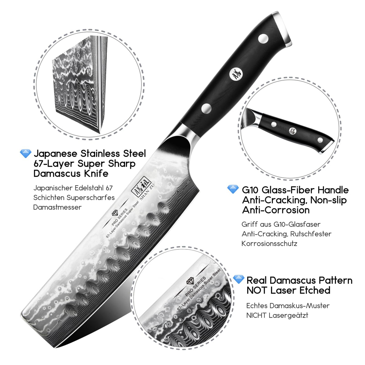 SHAN ZU Bread Knife 8 In, Japanese Steel Damascus Serrated Knife Wave Edge
