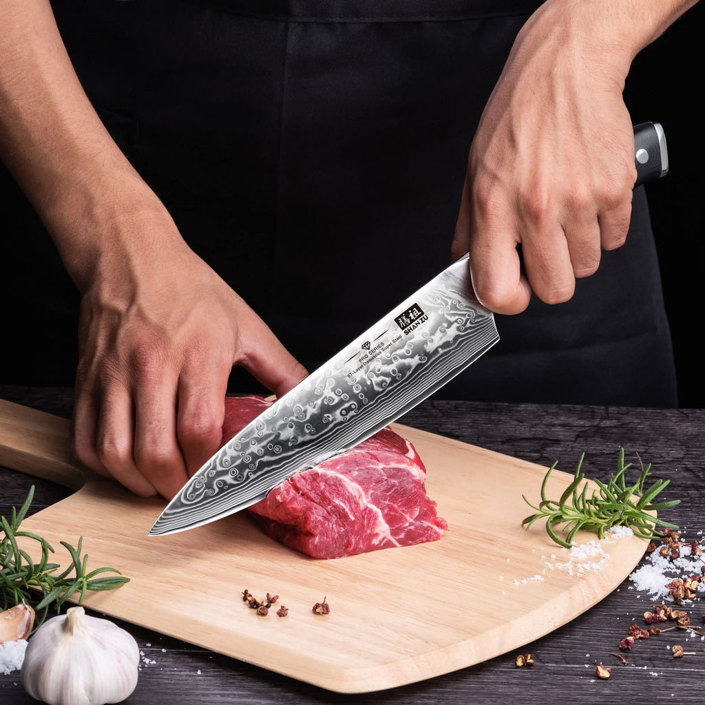 SHAN ZU Bread Knife 8 In, Japanese Steel Damascus Serrated Knife Wave Edge