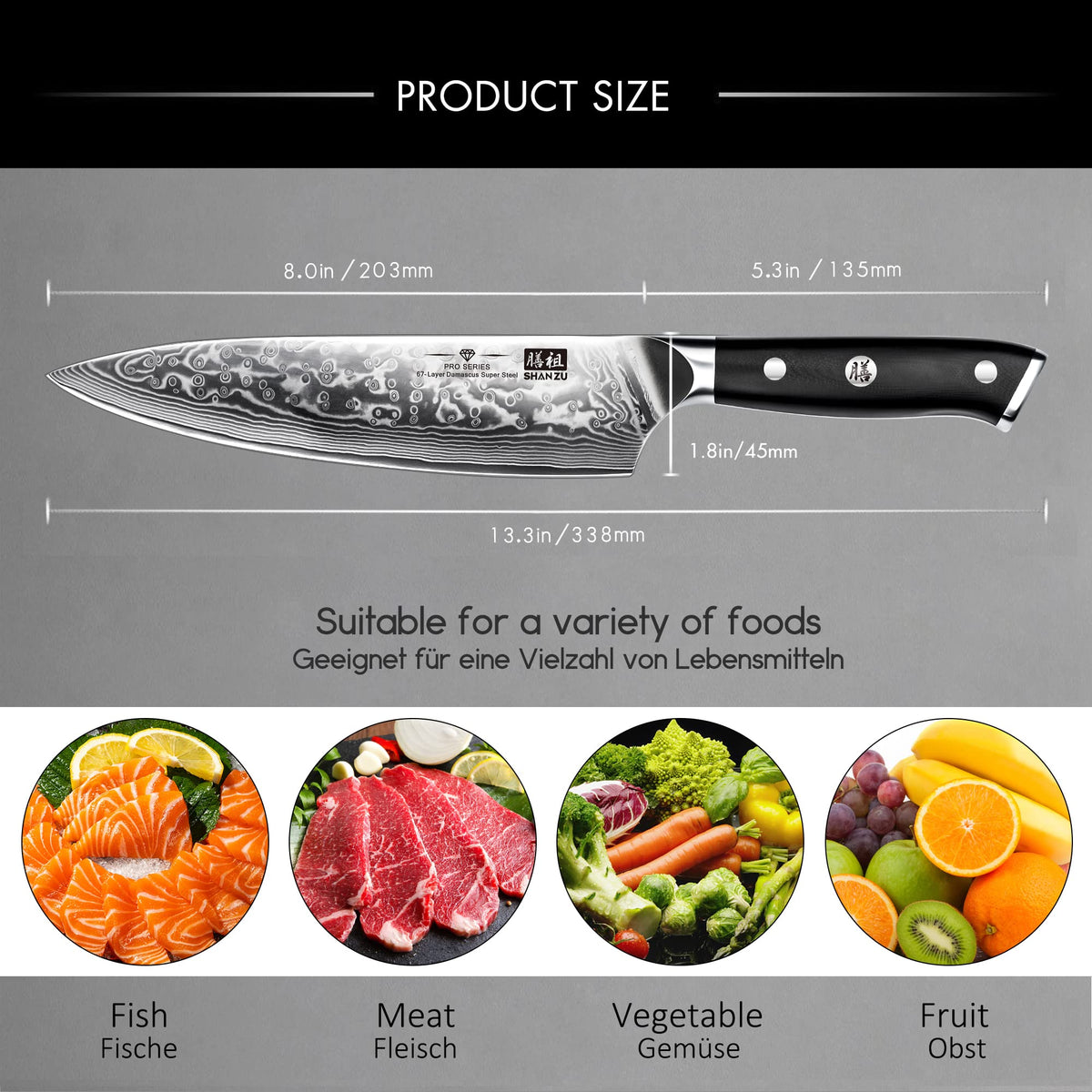SHAN ZU Bread Knife 8 In, Japanese Steel Damascus Serrated Knife Wave Edge